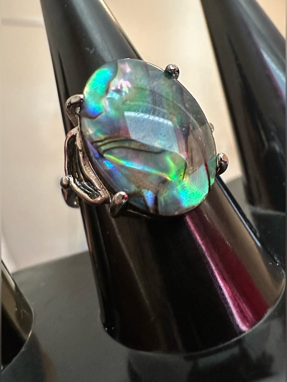 Abalone Shell Silver tone Oval Ring - Iridescent Green & Blue